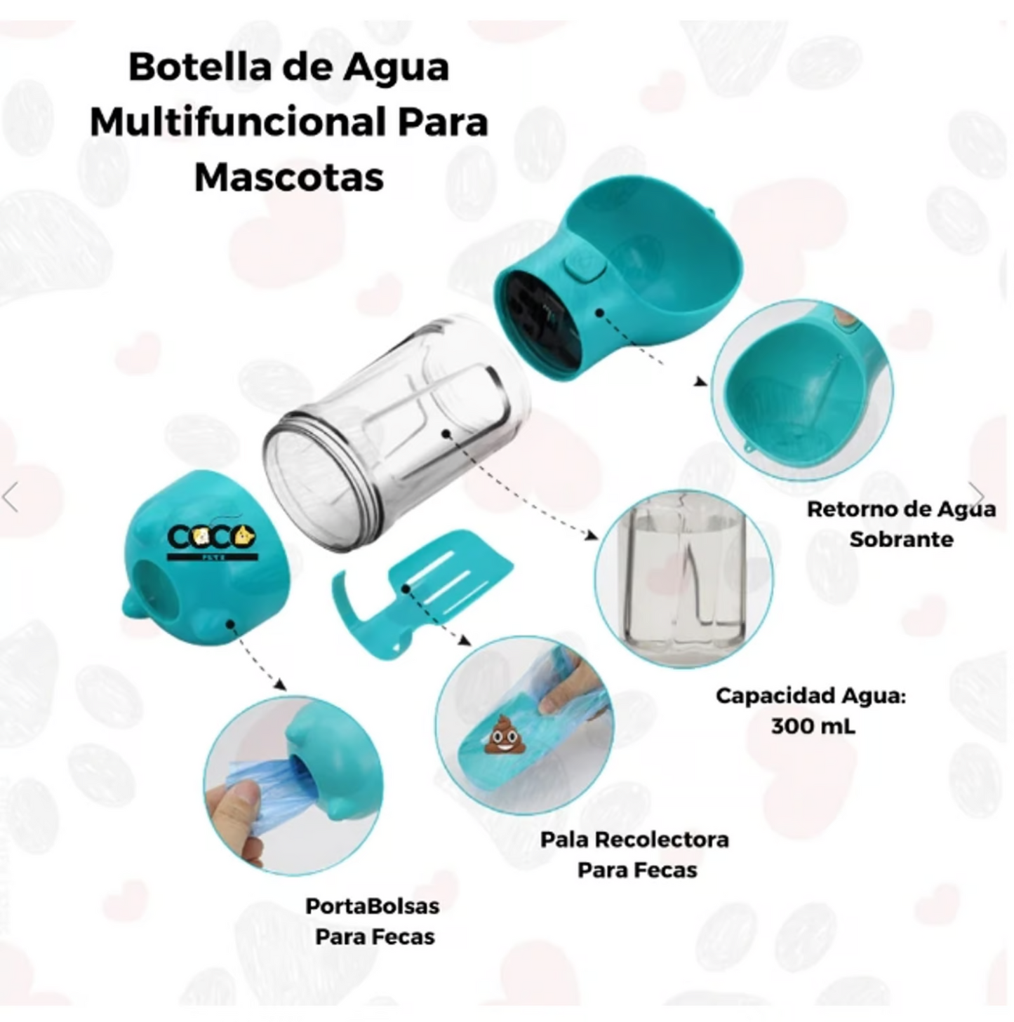 Botella agua mascotas multifuncional 4 en 1